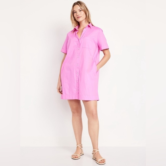 NWT! Old Navy Vivid Begonia Pink Cotton Button-Down Mini Shirt Dress - Multiple - Picture 2 of 10